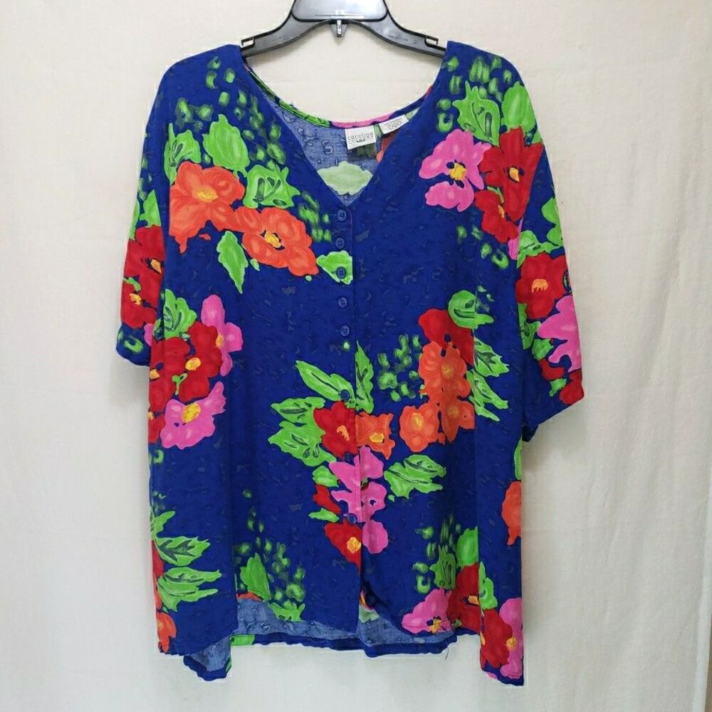 Carolina Colours Plus Sz 28W Royal Blue Floral Rayon Button Front Tunic Blouse